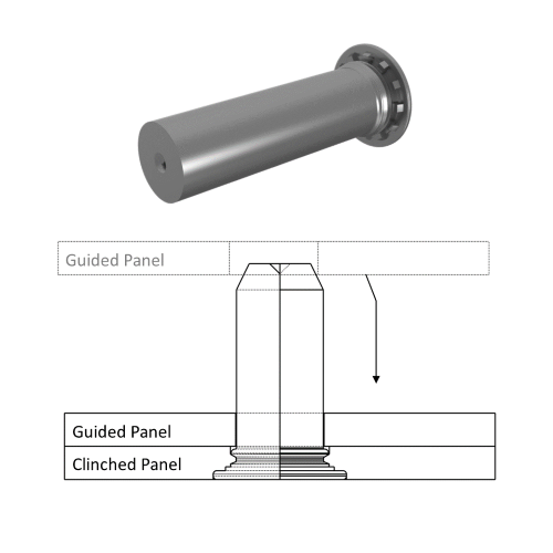 A self-clinching locating pin guides a panel into place with great dimensional precision