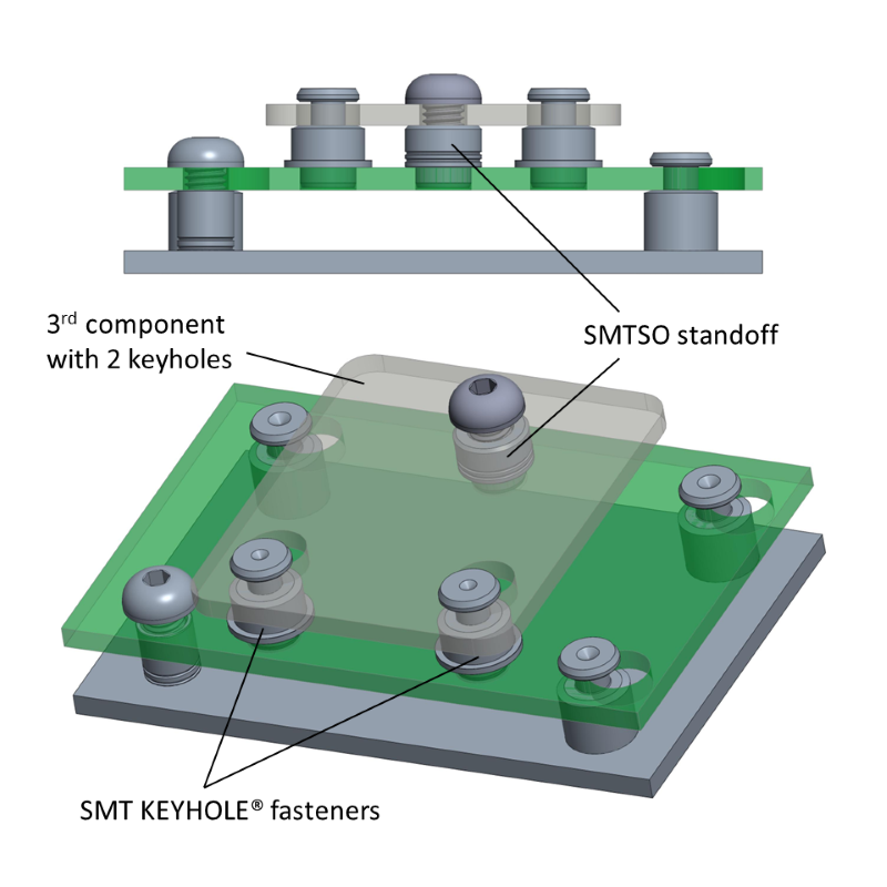 A complex assembly utilizing both self-clinching and SMT KEYHOLE&reg; standoffs