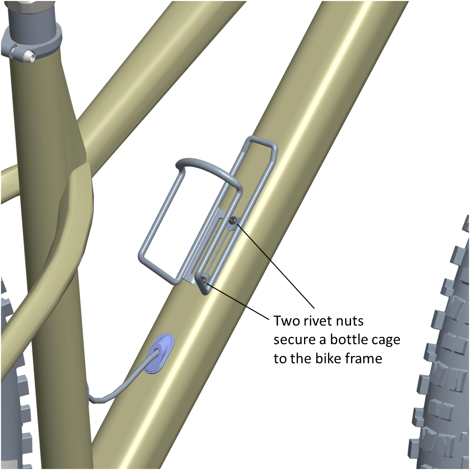 A bottle cage mounted on a bike frame via rivet nut threads