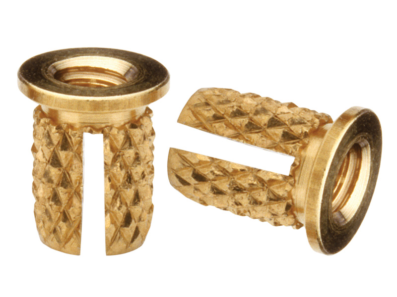 Slit-cut threaded inserts with flanged head for use in press-in applications