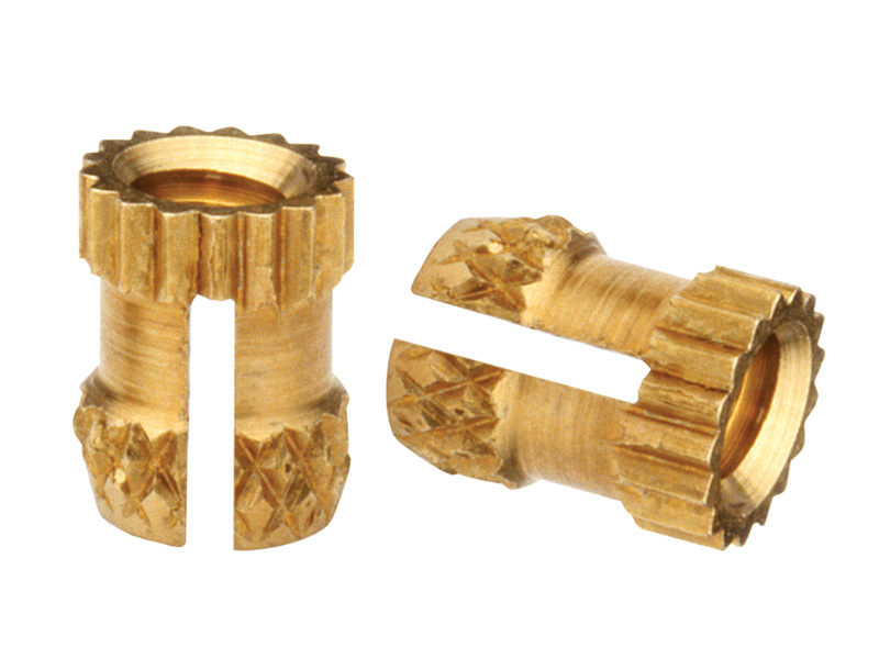 Slit-cut threaded insert with straight knurls for added torque resistance for use in press-in applications