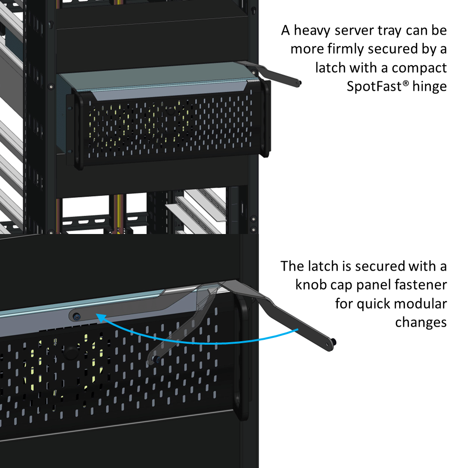 A server rack shows how the SPOTFAST&reg; with a washer can create a compact hinge for equipment security